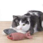 A cat laying with a grey and red striped plush fish toy.