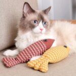 A cat laying with a yellow and red striped plush fish toy.