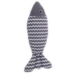 Grey striped fish cat toy with zigzag pattern on a white background.