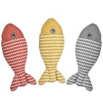 Red, grey, and yellow striped plush fish cat toys lined up side by side.