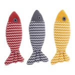 Red, grey, and yellow striped plush fish cat toys lined up side by side.