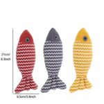 Red, grey, and yellow striped plush fish cat toys lined up side by side with measurements.