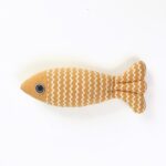 Yellow striped fish cat toy with zigzag pattern on a white background.